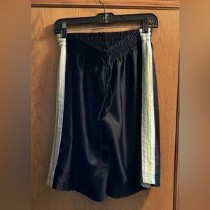Boy’s Shiny Black with White & Lime Green Stripe Basketball Shorts. Reversible